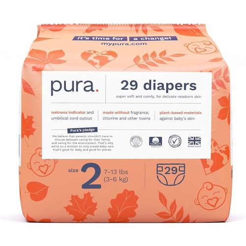 Pura Size 2 Eco-Friendly Diapers (7-13 lbs) TCF, Hypoallergenic, Soft Organic Cotton Comfort, Sustainable, Wetness Indictor. Allergy UK Certified, Paper Packaging. 1 Pack of 29 - Size 2 (29 Diapers)