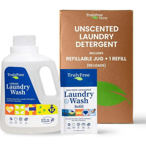 Truly Free Refillable Non-Toxic Unscented Laundry Detergent (1-Pack); Sensitive Skin; No Harmful Ingredients; Empty Jug + 1 Refill Makes 50 loads