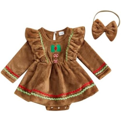 MoZiKQin My First Christmas Baby Girl Outfit Gingerbread Romper Ruffle Dress Long Sleeve Jumpsuit Cute Christmas Clothes