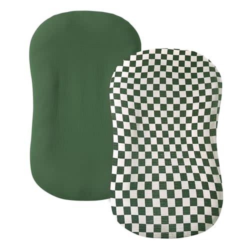 guruixu Muslin Baby Lounger Cover 2 Pack, 100% Cotton Infant Lounger Cover, Soft & Breathable Replacement Slipcover, Compatible with Snuggle Me Newborn Lounger (Olive Check,Olive Green)