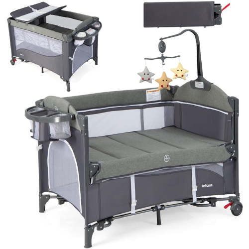 INFANS 5 in 1 Pack and Play, Baby Bedside Sleeper with Bassinet, Diaper Changer, Foldable Bedside Crib