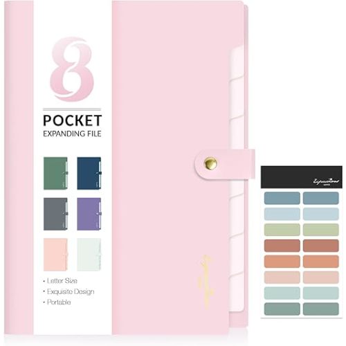 Sooez Elegant Accordion File Organizer, 8 Pocket Expanding File Folders with Labels, Portable Folder for Documents, Cute Paper Organizer for School Office Supplies, Letter Size, Dark Green