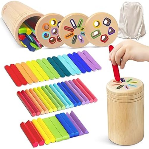 Wooden Montessori Baby Toddler Toys: 3 in 1 Learning Fine Motor Skills Juguetes, Educational Color Sorting Fidget Sensory Toys for Toddlers Boys Girls Gifts Object Permanence Cause and Effect