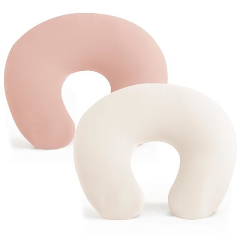 Konssy 2 Pack Nursing Pillow Covers, Stretchy and Soft Nursing Cover for Breastfeeding Pillows, Pillow Slipcover for Baby Girls Boys Newborn (Beige, Pink)