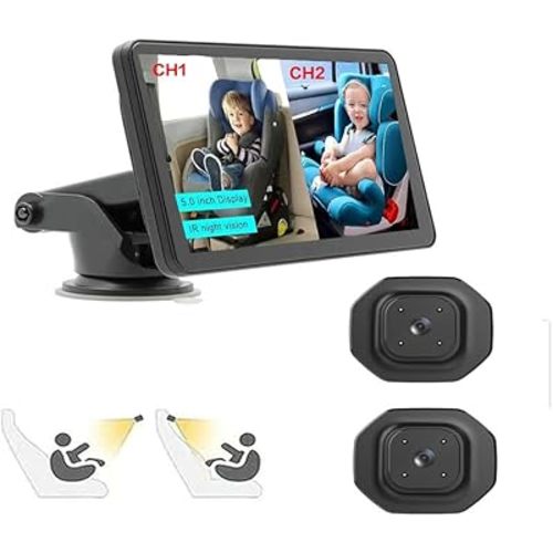 Car Baby Monitor, 5-inch Display, Two Infrared Night Vision Cameras. 360-degree Adjustable, Split-Screen Display