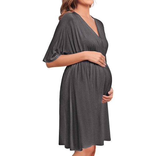 SWOMOG Women 3 in 1 Delivery/Labor/Nursing Nightgown Short Sleeve Pleated Maternity Sleepwear for Breastfeeding