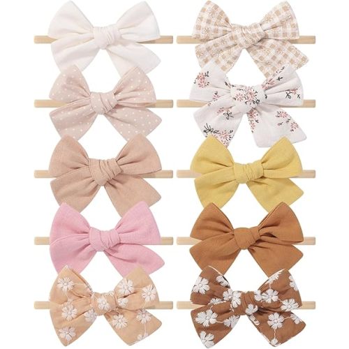 doboi 10PCS Baby Girls Headbands Hair Bows Nylon Linen Hairbands Handmade Hair Accessories for Newborn Infant Toddlers Little Girl and Kids 3.5Inches