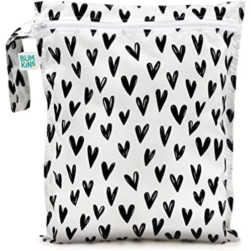 Bumkins Waterproof Wet Bag, Washable, Reusable for Travel, Beach, Pool, Stroller, Diapers, Dirty Gym Clothes, Wet Swimsuits, Toiletries, 12x14 – Black Hearts