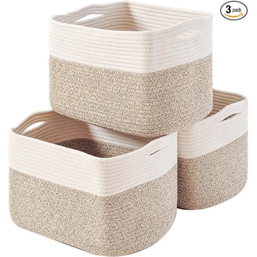 Storage Baskets for Organizing, Woven Cotton Rope Basket for Storage Books, Baby Organizing Baskets, Toy Storage Basket, 15"x11"x9.5", 3 Packs, Off White & Brown