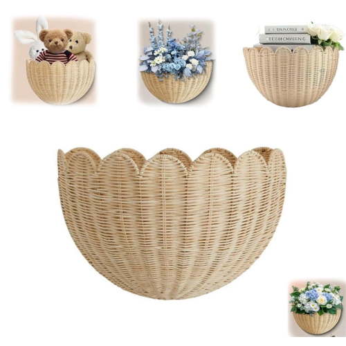 Scalloped Wall Basket,Hand Woven Hanging Wicker Wall Baskets Set, Scalloped Rattan Wall Basket Decor for Home,Bathroom,Living Room Organizing, 2pcs, 16 x 10 x 7 Inch