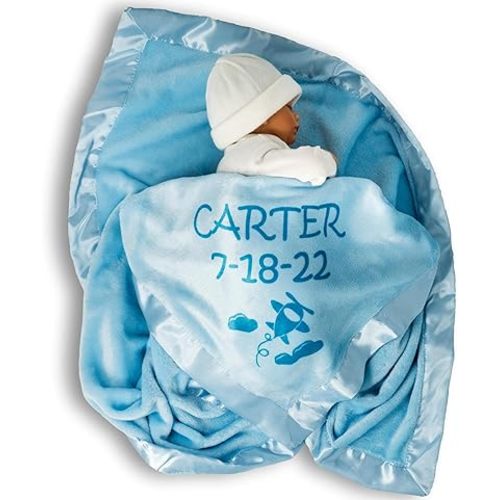Custom Catch Ships Next Day from Vermont - Personalized Airplane Baby Blanket - Boy Name Gift - Blue or Pink (2 Text Lines)