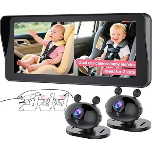 Wkzay Dual Baby Car Camera for 2-Kids: 6.9 Inch HD 1080P Split Display with 2 Night Vision Carseat Cameras - 360° Rotation, Easy Install for New Parents