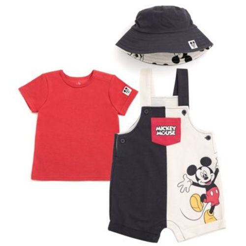 Disney Mickey Mouse Newborn Baby Boys French Terry Short Overalls, T-shirt And Bucket Sun Hat 3 Piece Outfit Set Black / White / Red 3-6 Months
