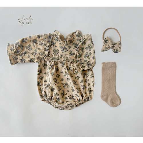 Baby Girl Cotton Floral VIOLLA collar Romper | OPTION SETS| socks + Bow + Cardigan