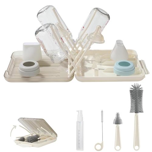 6 in 1 Bottle Cleaning Brush Set with Silicone Bottle Brush, Nipple Brush, Straw Brush, Soap Dispenser, Drying Rack for Baby Bottle and Water Bottle, Space Saving Baby Essentials for Home and Travel - Warm White