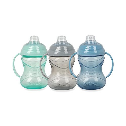 Nuby 3 Piece No-Spill Grip N’ Sip Cup with Soft Flex Spout, 2 Handle with Clik It Lock Feature, Silicone, Neutral, 10 Ounce