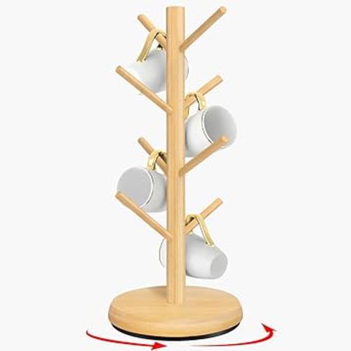 Mug Holder Tree,New Upgraded 360° Rotated 8 Hooks Coffee Cup Holder for Counter,Wood Coffee Mug Rack Standing for Coffee Bar Accessories and Kitchen Home Organizer(Natural)