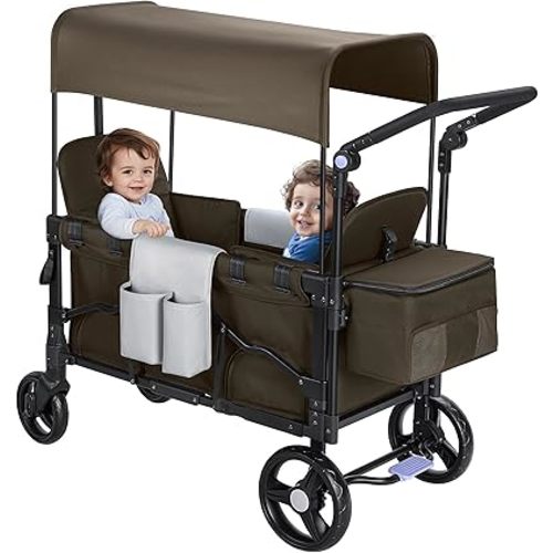 Wagon Stroller for 2 Kids, Double-Seater Baby Wagon with Canopy, Adjustable Handle and Pull Bar, Compact Design for Toddlers and Infants, for Outdoor Adventures (Brown)