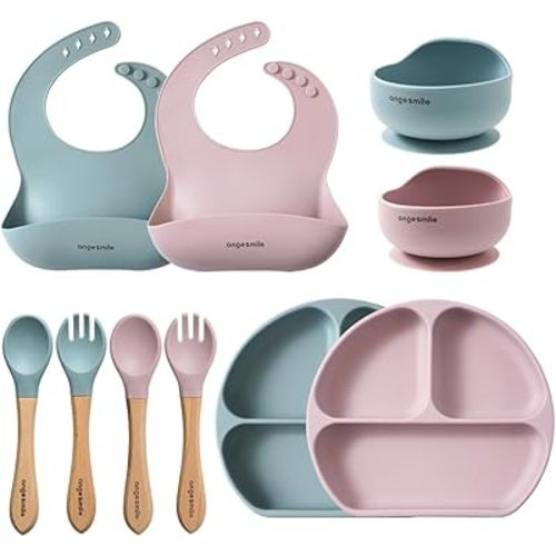 Baby Feeding Essentials Silicone Ange Smile 12 Set Bib, Baby Bowl, Suction Plate, Spoon, Fork Eating Utensils for 6+ Months Kids Toddler Kawaii (Blue/Pink)