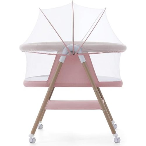 Jaoul Baby Bassinet, Portable Baby Travel Crib for Baby Bed with Wheels Comfy Mattress Mosquito Net Storage for Infant Newborn Lightweight and Breathable Mesh Design Pink