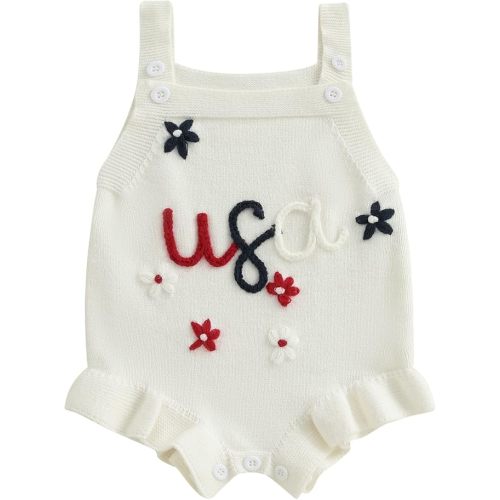 Baby Girl 4th of July Outfit Newborn USA Embroidery Sleeveless Romper Knit Ruffle Sweater Bodysuit Patriotic Clothes