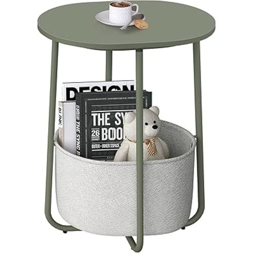 TUTOTAK Small Side Table, Oval End Table, Night Stand, Bedside Table, Sofa Table with Cloth Storage Basket, Living Room, Bed Room, Olive Green TB01BOG063