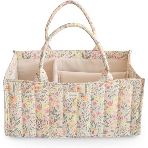 mushie Baby Diaper Caddy | Newborn Essentials Organizer for Diaper Changing Station (Pastel Blooms)