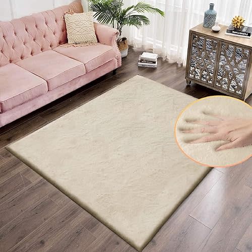 5x8 Area Rug Light Brown Beige Plush Shaggy Rugs for Bedroom Washable Faux Rabbit Fur Rug for Living Room Fluffy Large Nursery Rug Home Décor