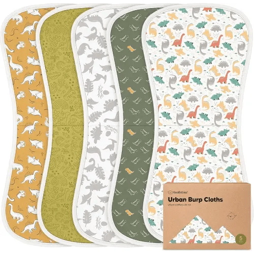 Organic Burp Cloths Baby Boy & Girl - 5-Pack Super Absorbent Cotton Burping Cloths for Babies, Soft & Plush Newborn Spit Up Rags, Infant Towels for Milk Spit Up, Unisex, Large 21" x 10" (Mesozoic)
