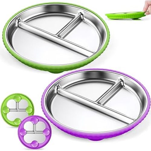 Stainless Steel Kids Plates with Suction, 2Pack 9" Divided Toddler Plates Removable Non Slip Silicone Sleeves Baby Feeding Led Weaning Supplies, BPA Free, Unbreakable Dishwasher Safe