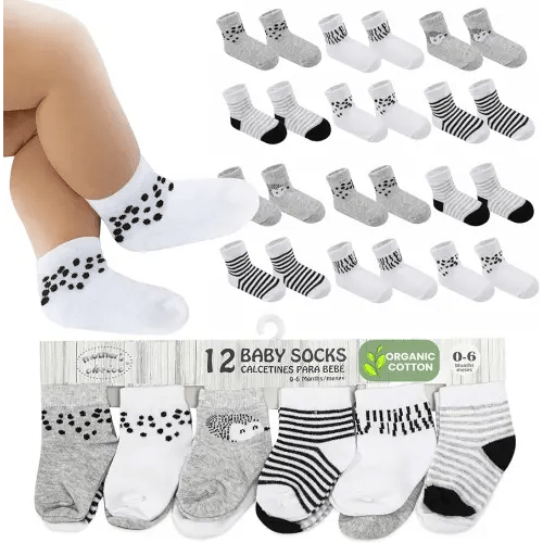Mother's Choice Organic Cotton Baby Socks, 12 Pairs, Unisex 0-6 Months - Soft, Hypoallergenic Newborn & Infant Socks - Baby Girl & Boy Gifts, (12Pcs, Gray - White)