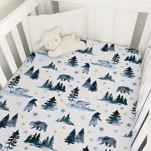 Woodland Bear Snow Forest Baby Crib Sheet 52''x28'' Stretchy Fitted Crib Mattress Sheet Winter Animals Soft Crib and Toddler Mattress Pad Cover for Boy Girl Nursery Bed Sheets