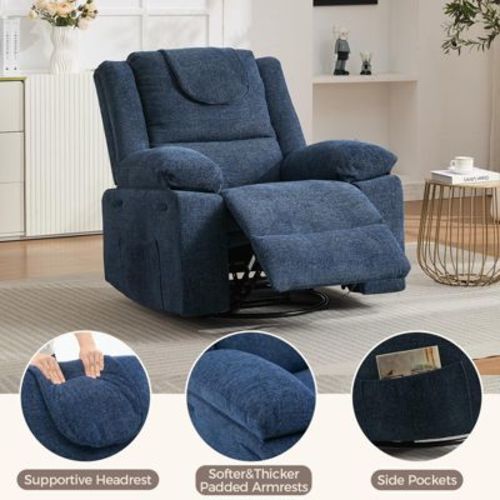 Rocking Recliner Chair for Living Room or Bedroom – 360° Swivel Glider Single Sofa – High Backrest, Deep Linen Seat, Upholstered Comfort