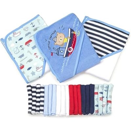 Spasilk Bath Hooded Towels & Washcloths Set for Babies, 23-Piece Gift Set, Navy Nautical, (Gift GBA23 2201)