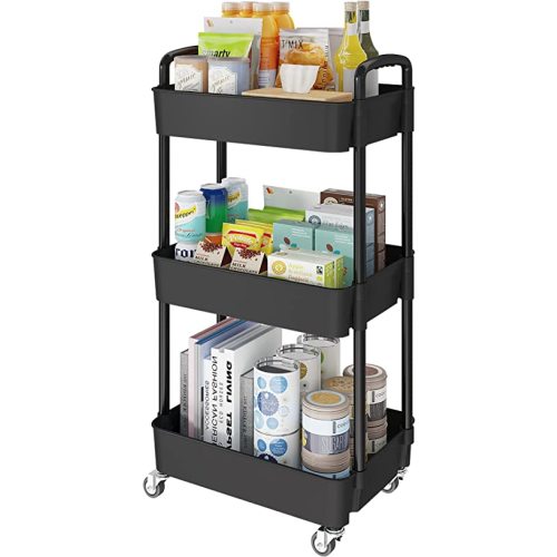 Laiensia 3-Tier Kitchen Storage Cart,Multifunction Utility Rolling Storage Organizer,Mobile Shelving Unit Cart with Lockable Wheels for Bathroom,Laundry,Living Room,With Classified Stickers,Black