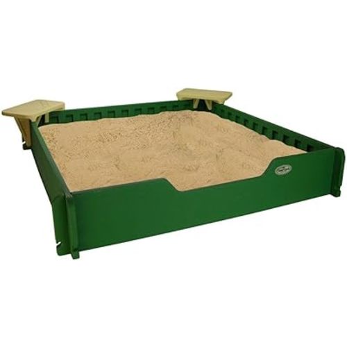 5x5 SandLock Plastic Sandbox for Kids Outdoor Play. w/ Cover, Ground Barrier, 2 Corner Seats