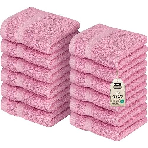 Utopia Towels 12 Pack Premium Wash Cloths Set, 12 by 12 Inches, 100% Cotton Ring Spun, Highly Absorbent and Soft Feel Essential Washcloths for Bathroom, Spa, Gym, and Face, Pink