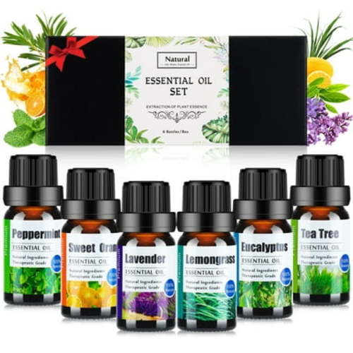 Essential Oils Set for Diffusers - Home Aromatherapy Oils Gift Set, 100% Natural Diffusers Oil Scents for Home, 6x10ML (Lavender, Eucalyptus, Lemon Grass, Sweet Orange, Peppermint, Tea Tree)