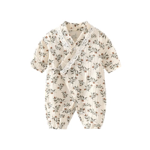 Baby Leaves Lace Edge Newborn Kimono Romper (3-6)