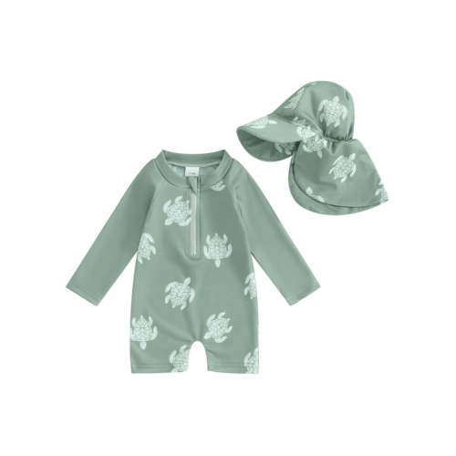 Louatui Toddler Baby Boys Rash Guard Swimsuit Rompers Long Sleeve Turtle/Dinosaur Print Sunsuit Bathing Suit Swimwear with Swim Cap 0-3T
