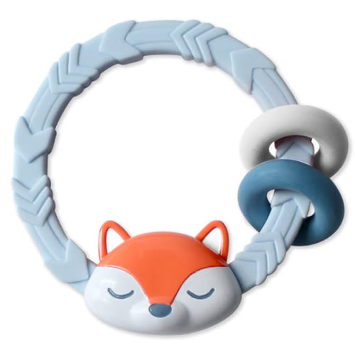 Itzy Ritzy Silicone Teether with Rattle; Rattle Teether Features Rattling Sound, Two Silicone Teething Rings and Raised Texture to Soothe Gums; Ages 3 Months and Up (Fox)
