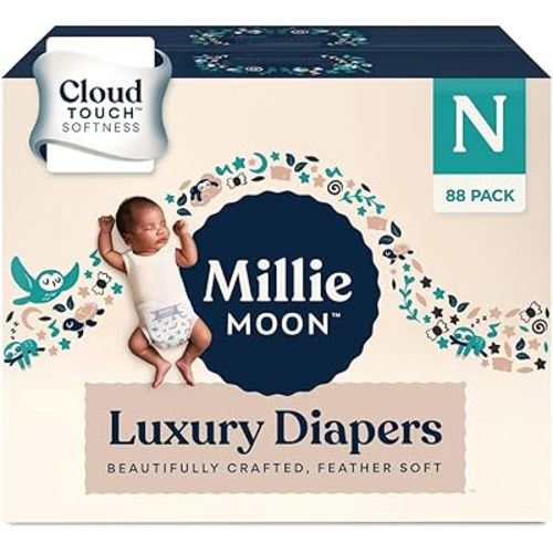 Millie Moon Luxury Diapers - Size Newborn (<9lbs), 88 Count, CloudTouch Ultra Soft Diapers, Up to 12hr Absorbency, Double Leak Guard and Wetness Indicator
