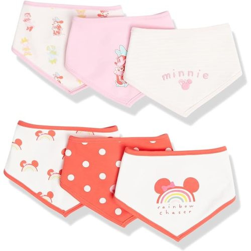 Amazon Essentials Disney | Star Wars | Princess Baby Girls' Bibs, Pack of 6 - One Size - Minnie Rainbow Chaser