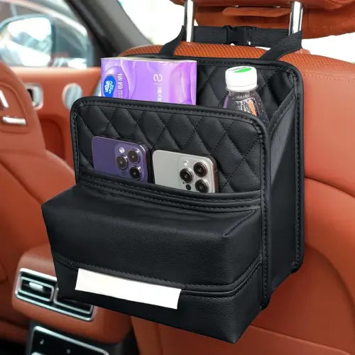 2Pack Car Seat Back Organizer, Waterproof Car Backseat Organizer with Tissue Box Hanging Car Storage Bag for Phones Documents Cups Bottle Travel Compatible with Most Vehicles