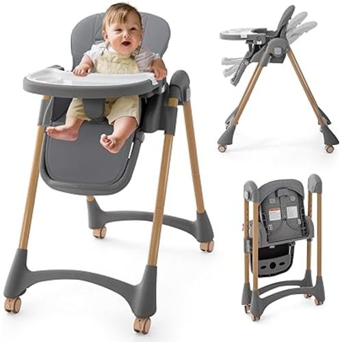 Portable High Chairs for Babies and Toddlers, 3-in-1 Foldable High Chair, Adjustable Height & Recline Baby Feeding Chair with Removable Tray, Adjustable Backrest, Pedal & Lockable Wheels Gray