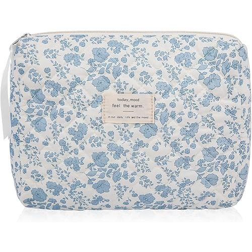 Floral Makeup Bag, Large Cosmetic Bag for Women Girls, Cute Cotton Make up Pouch, Quilted Makeup Bags, Flower Travel Toiletry Organizer Bag(Blue Floral)