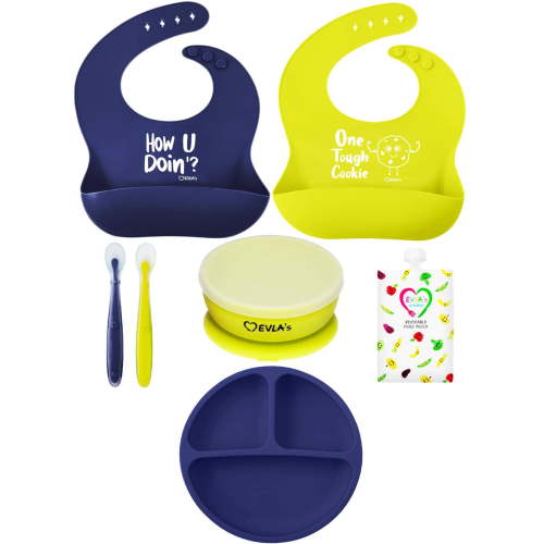 EVLA’s 8PC Silicone Baby Feeding Set, Blue/Green