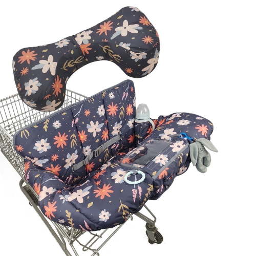 Shopping cart cover with removable pillow for baby boy & girl, kids high chair cover, with Cellphone Holder,Infant Grocery Cart Cushion, Flowers