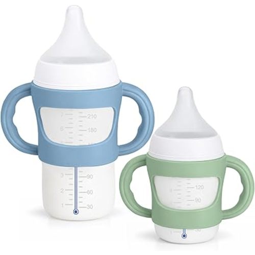 2 Pack Silicone Baby Bottle Handles for NUK 5oz & 8oz, Easy Grip Baby Bottle Holder for Baby Self Feeding, Fits NUK Simply Natural Baby Bottles, BPA Free - Blue+Green