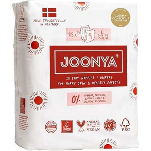 Joonya Baby Diapers, Size 4 L (15-31 lb) - 1 Bag of 25 - Non Toxic, Eco-Friendly, High Absorbency, Overnight Use, Ultra Slim & Soft - Made in Denmark